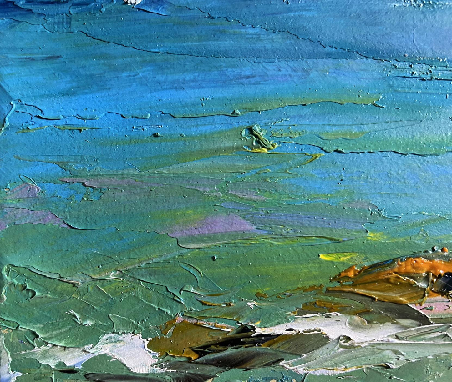 Oil painting Sea and mountains by Boris Serdyuk with blue green earthy tones