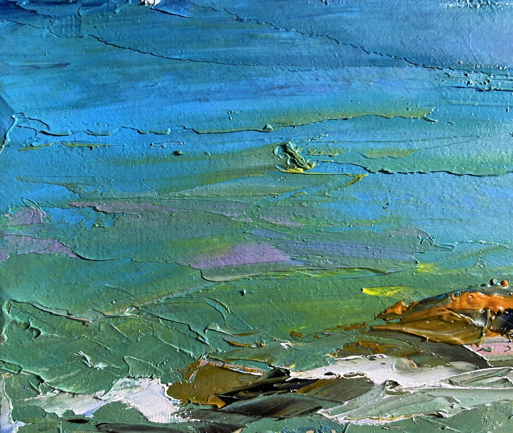 Oil painting Sea and mountains by Boris Serdyuk with blue green earthy tones