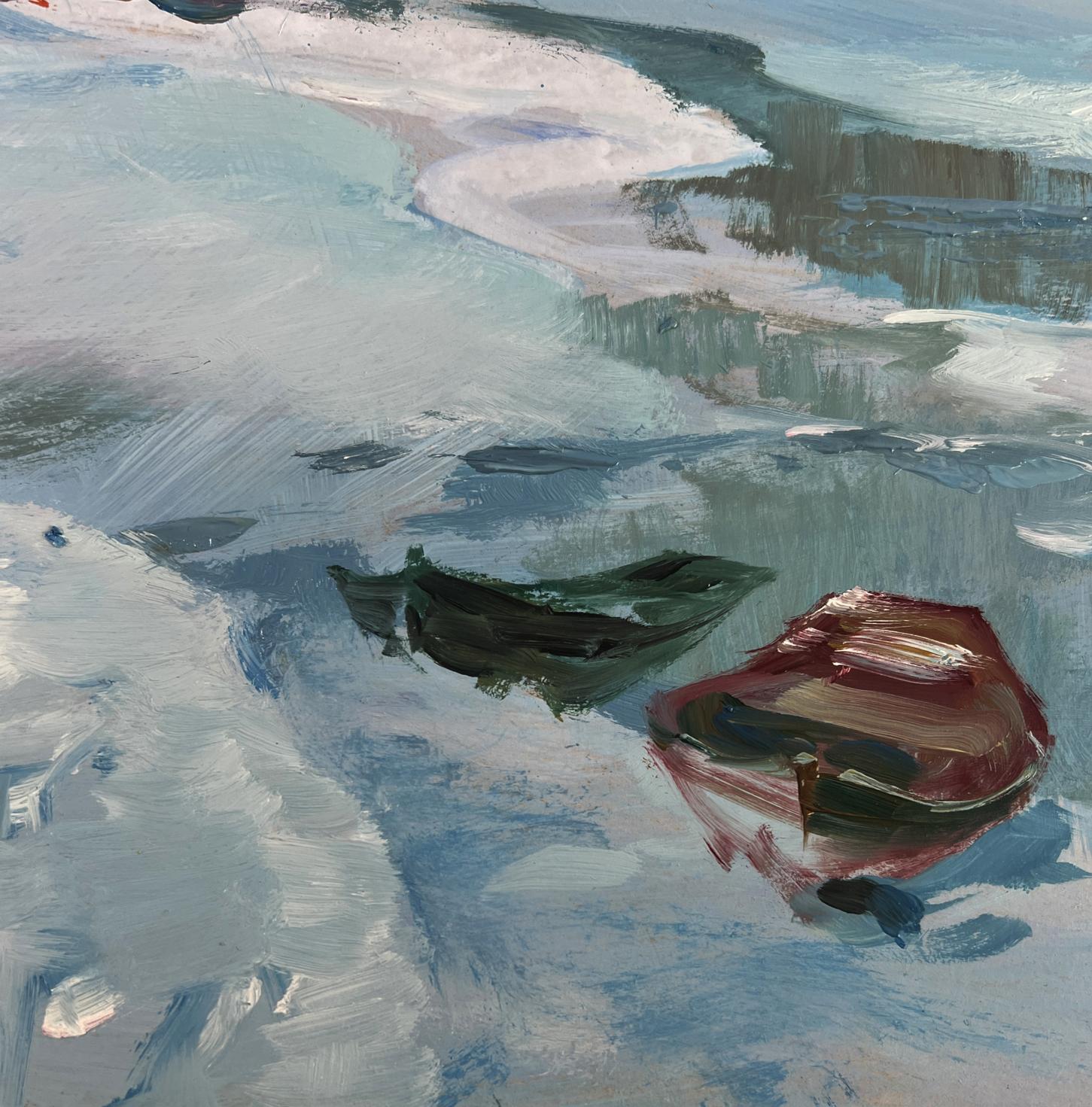 Oil painting Frozen winter river by Yuriy Suprunchuk: two boats on icy water