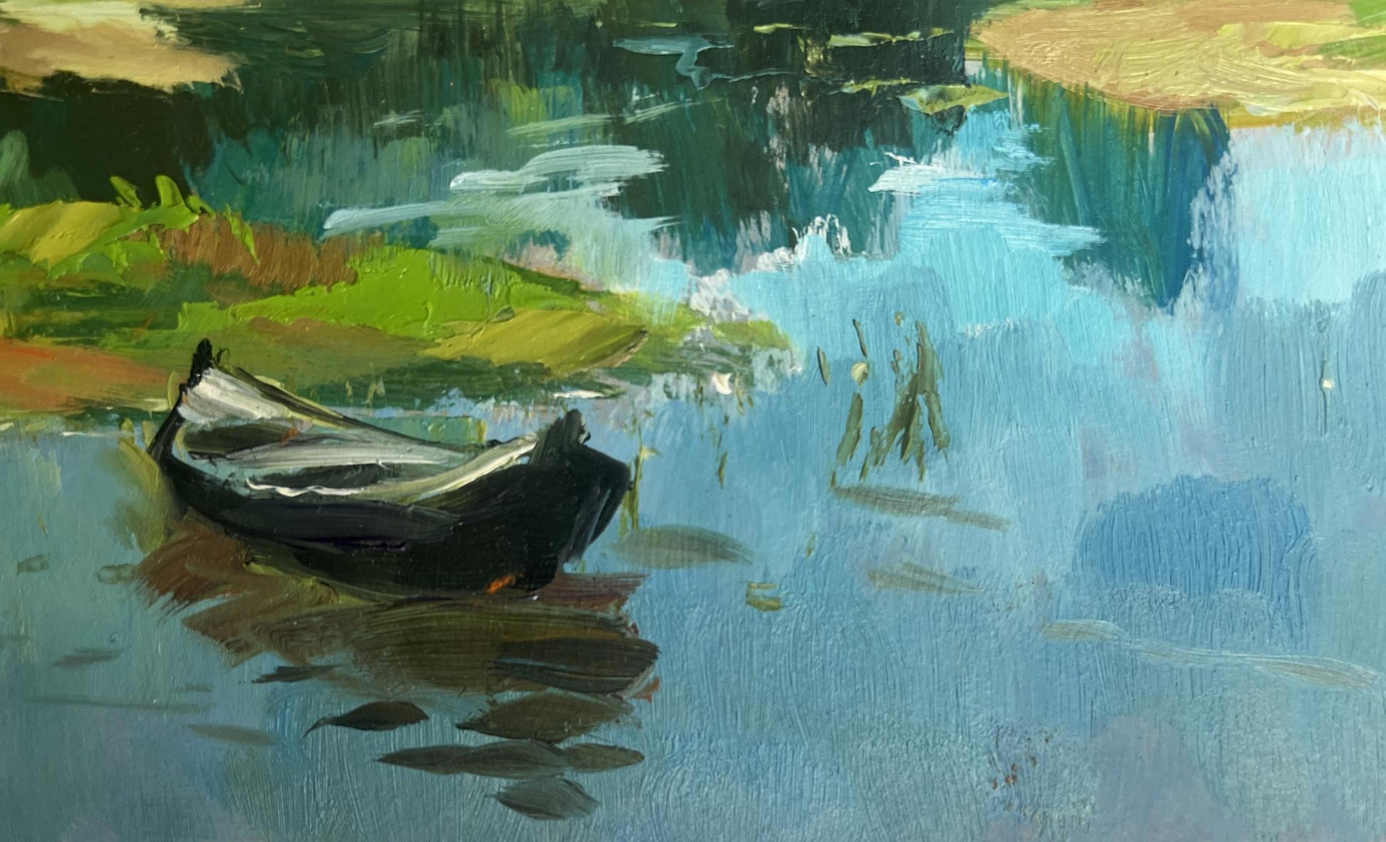 Oil painting of small black rowboat on calm water in warm fishing weather by Yuriy Suprunchuk