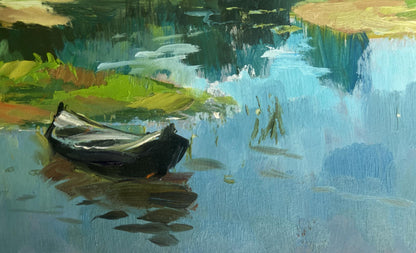Oil painting of small black rowboat on calm water in warm fishing weather by Yuriy Suprunchuk