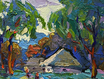 Vibrant impressionist oil painting Early morning in the village by Oksana Ivanyuk