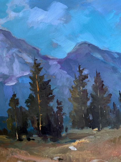 Oil painting of road to purple-gray mountains by Yuriy Suprunchuk