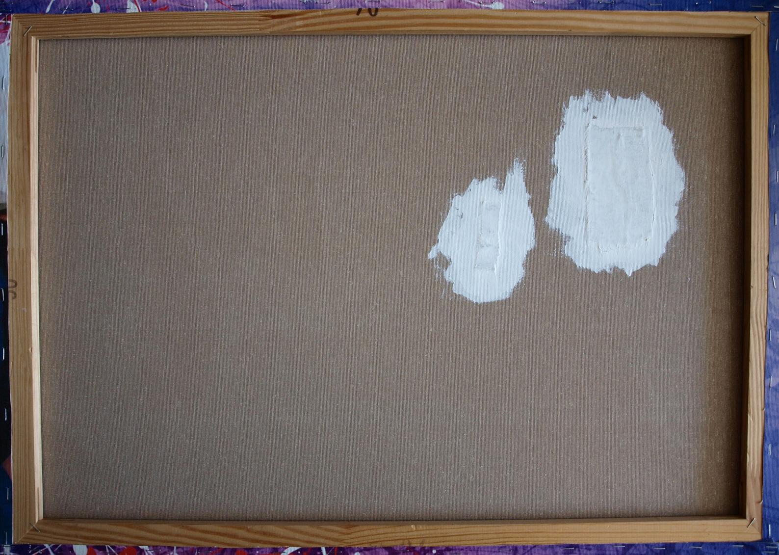 Back of Oil painting Balances Konsta G. Amelinn on brown corkboard with wood frame