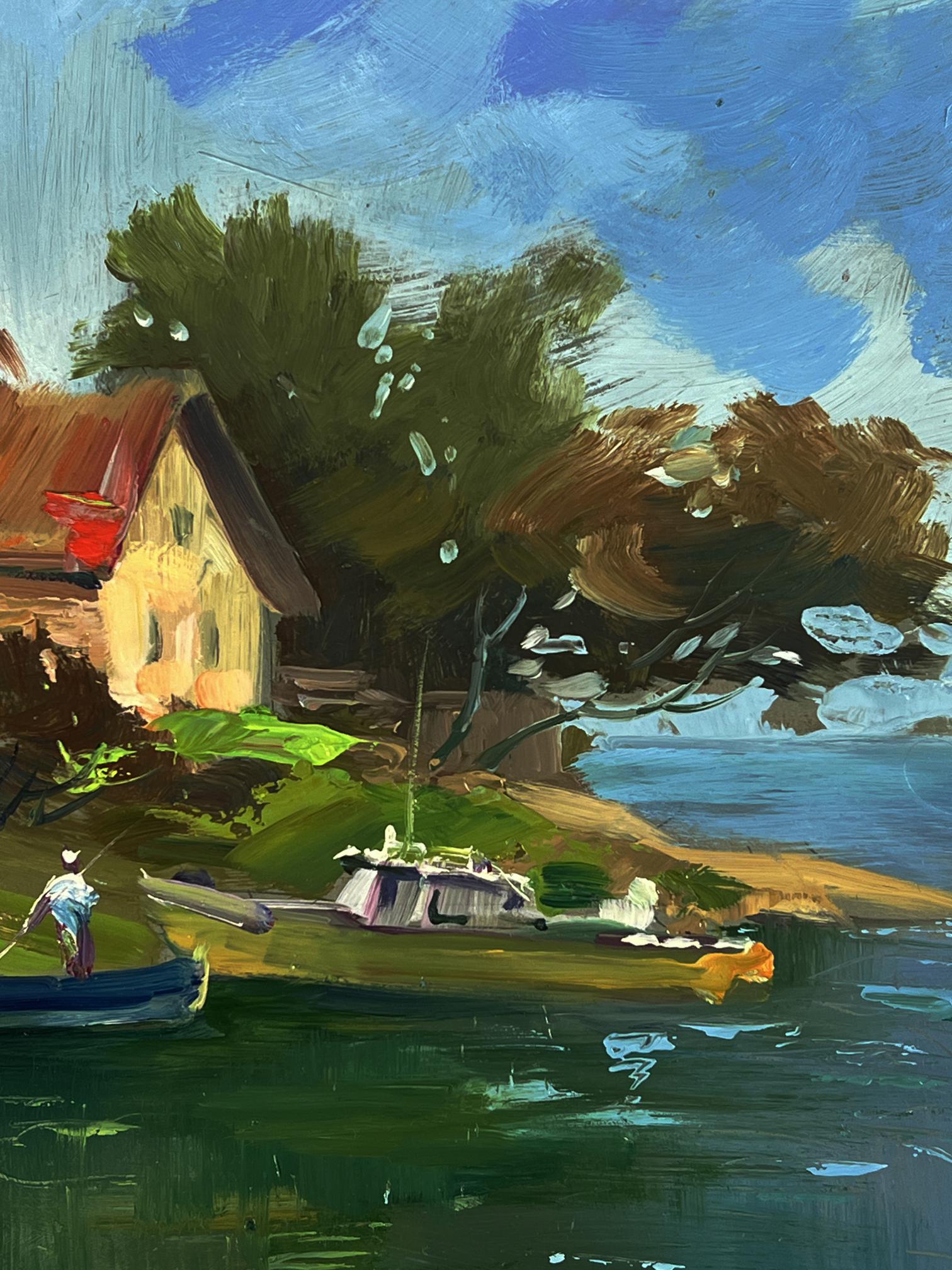 Vibrant oil painting of village boat dock by Yuriy Suprunchuk