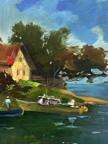 Vibrant oil painting of village boat dock by Yuriy Suprunchuk