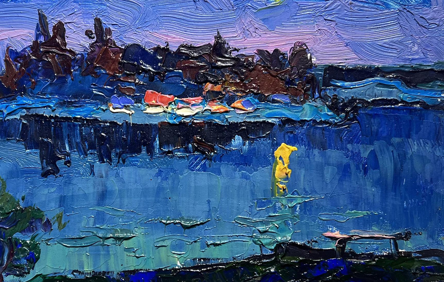Oil painting Moon over the River by Oksana Ivanyuk with yellow figure