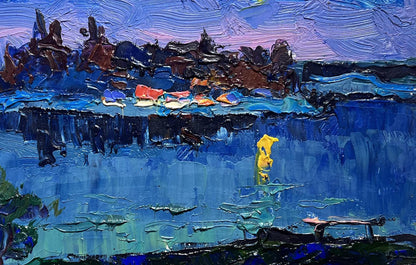 Oil painting Moon over the River by Oksana Ivanyuk with yellow figure