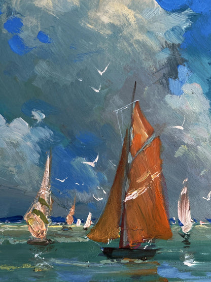 Oil painting of vibrant orange sailboat at sea by Yuriy Suprunchuk