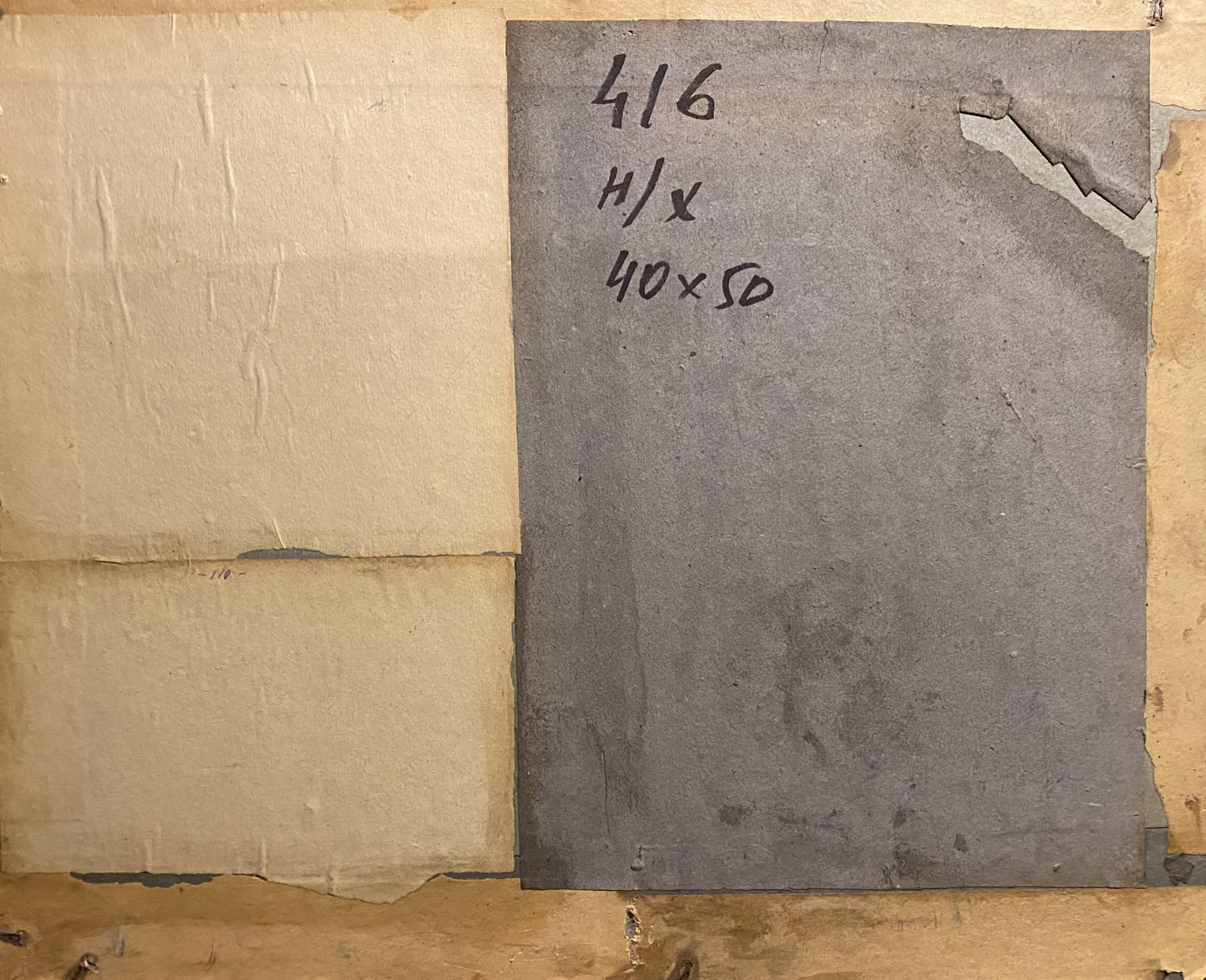 Back of oil painting Summer forest: gray rectangular panel with handwritten markings and torn edge