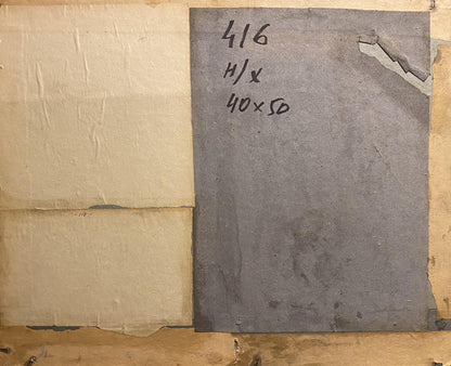 Back of oil painting Summer forest: gray rectangular panel with handwritten markings and torn edge