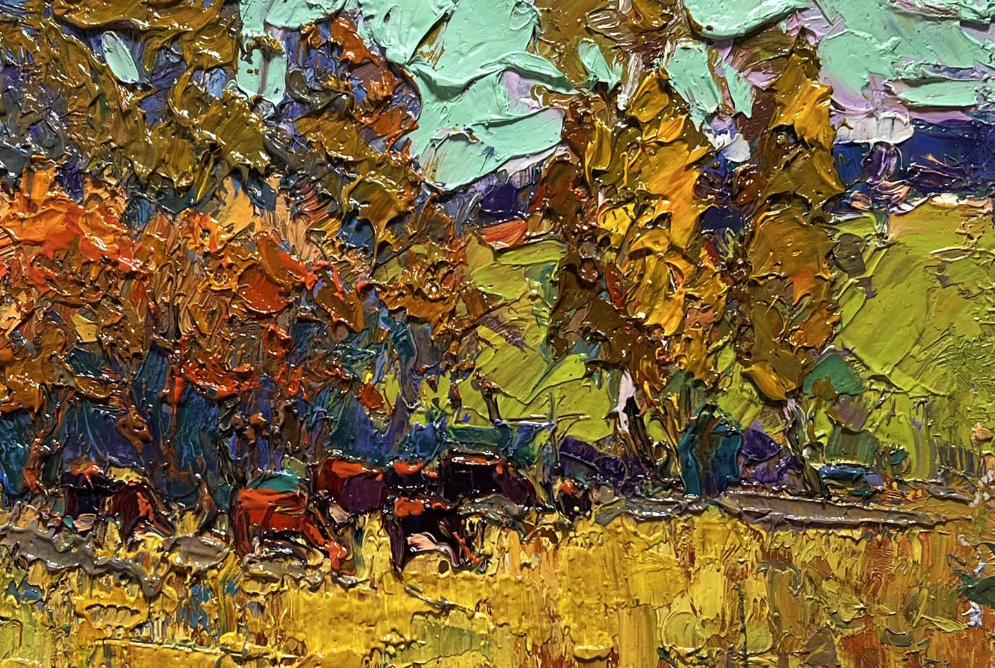 Vibrant impressionist oil painting The queue for the pasture by Oksana Ivanyuk