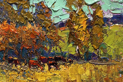 Vibrant impressionist oil painting The queue for the pasture by Oksana Ivanyuk