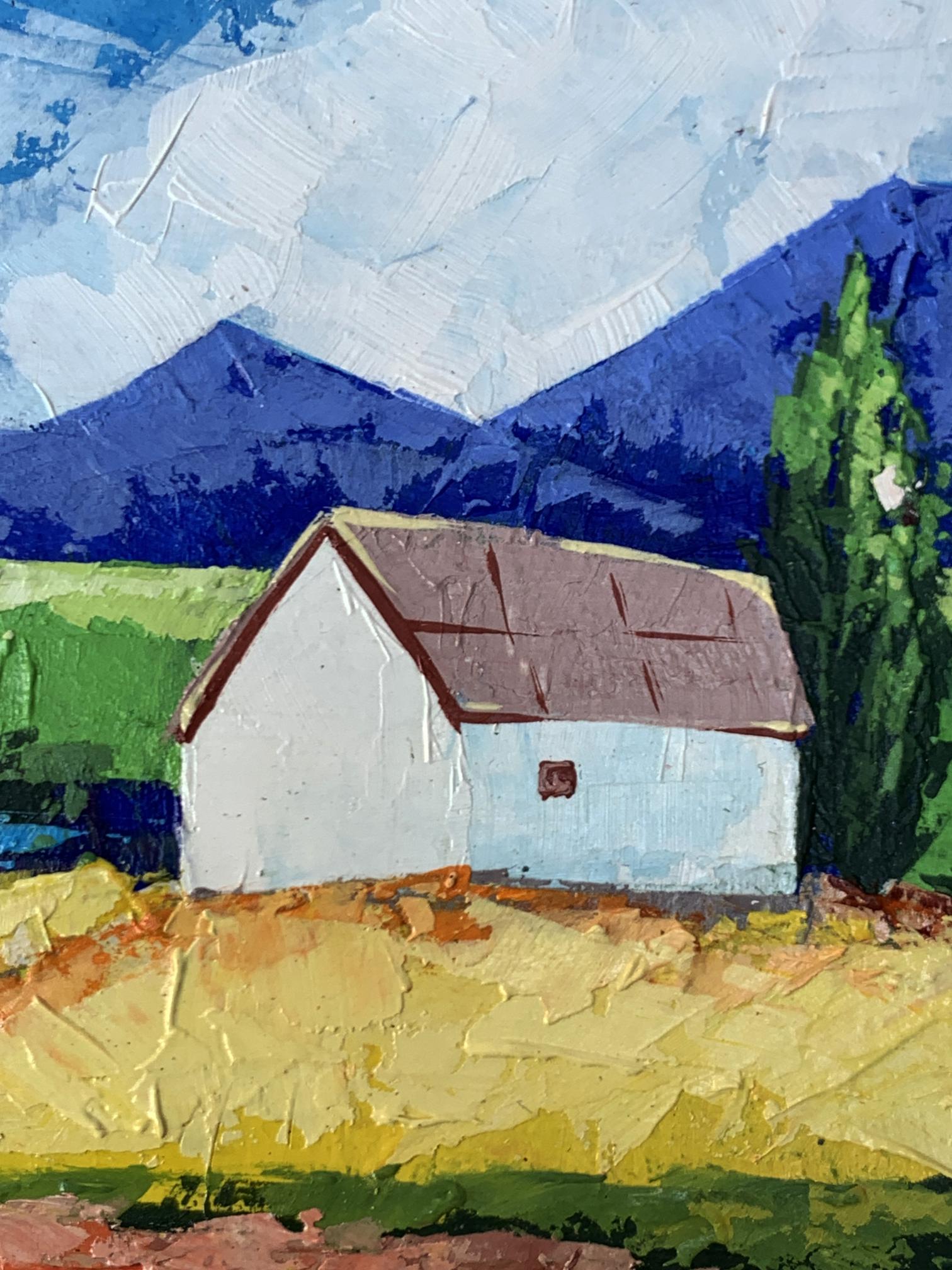 Oil painting of rustic white cottage in mountains by V. Zadorozhnya