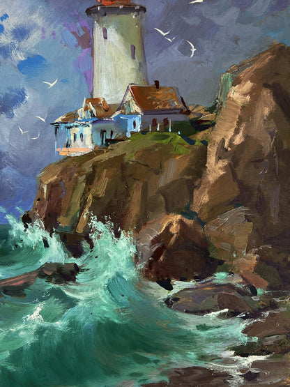 Oil painting by Yuriy Suprunchuk: white lighthouse with red roof on rugged cliffs