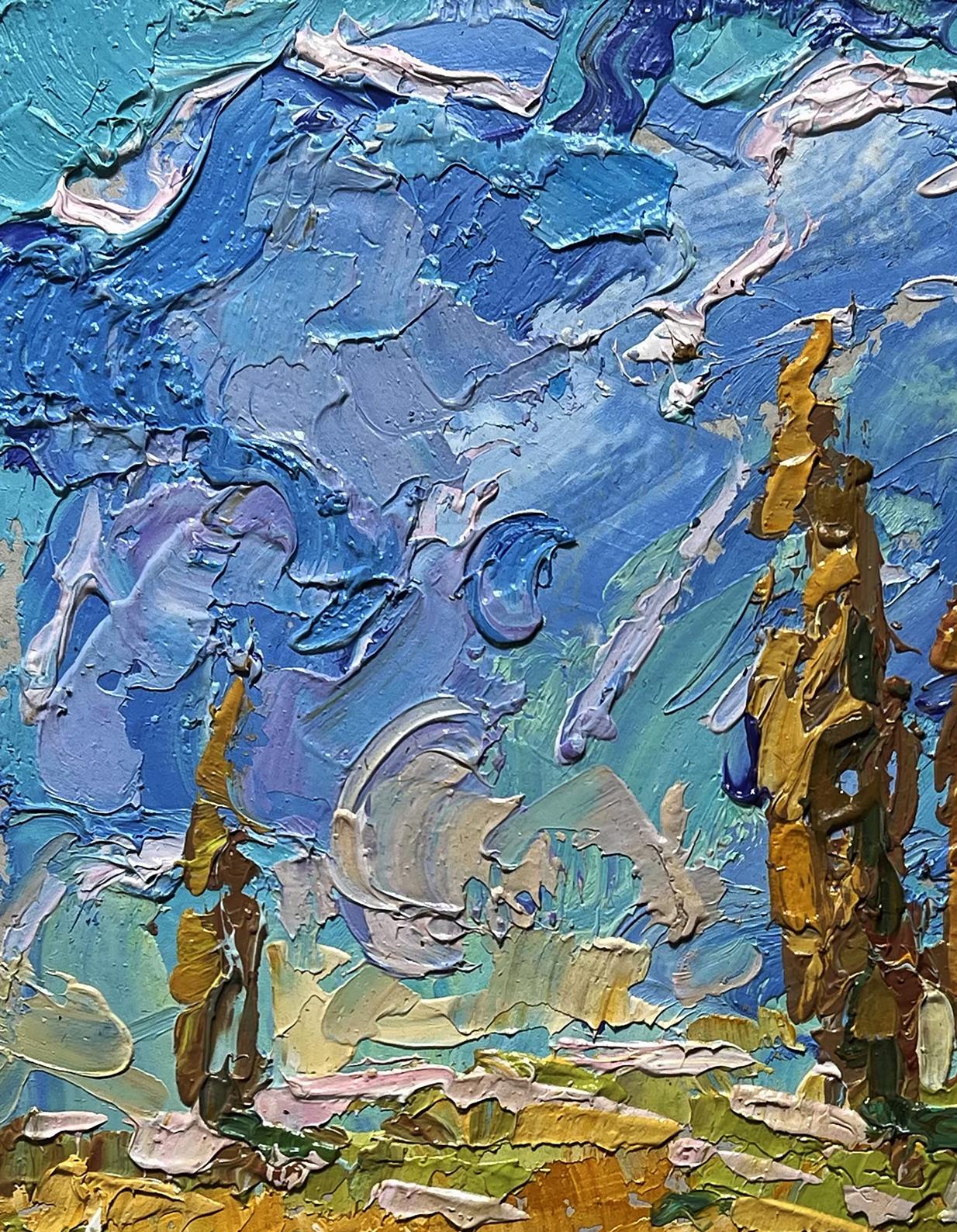 Oil painting Geese in the autumn steppes by Oleksiy Ivanyuk, blue gold impasto
