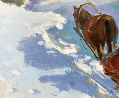 Impressionistic oil painting of brown harnessed horse returning home on winter evening by Yuriy Suprunchuk