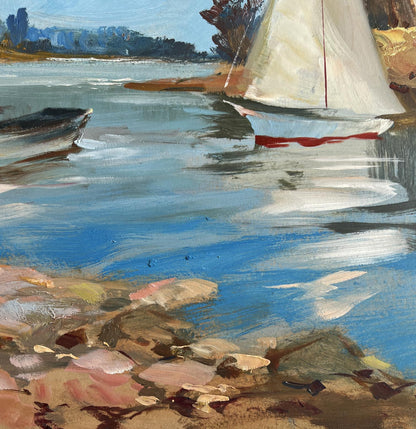 Impressionistic oil painting of white sailboat with red hull stripe by Yuriy Suprunchuk
