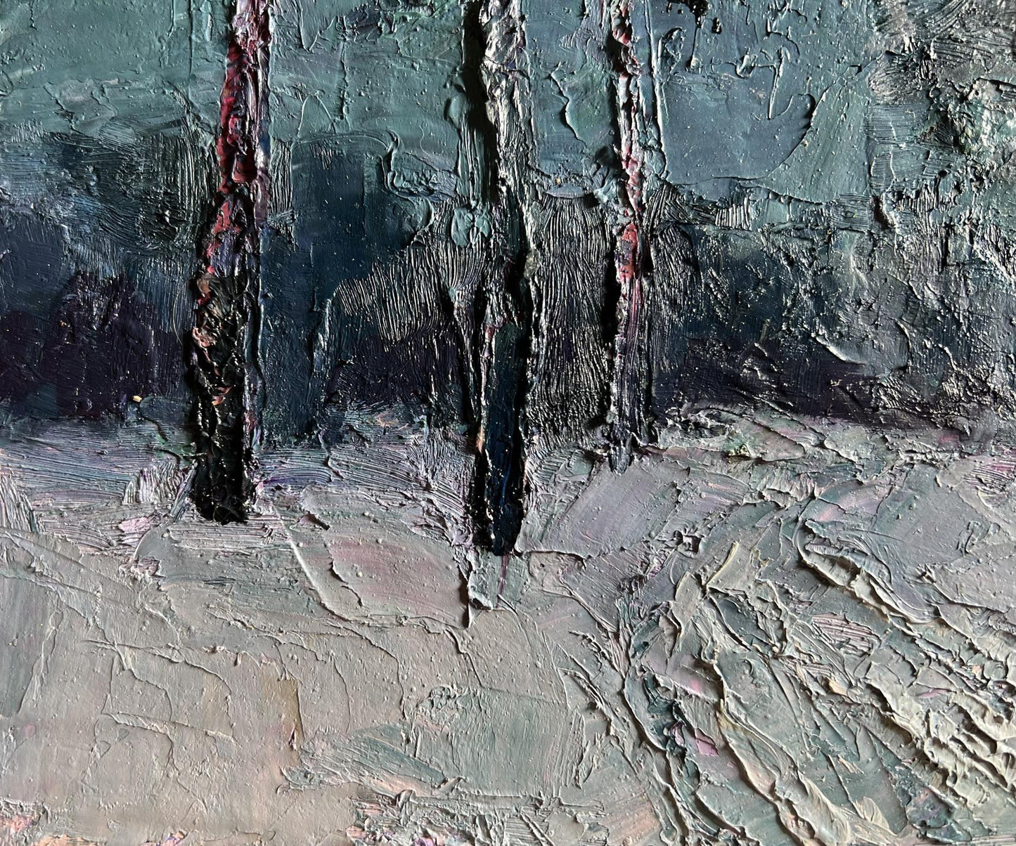 Oil painting Winter trail in the forest by Boris Serdyuk, textured teal black red impasto