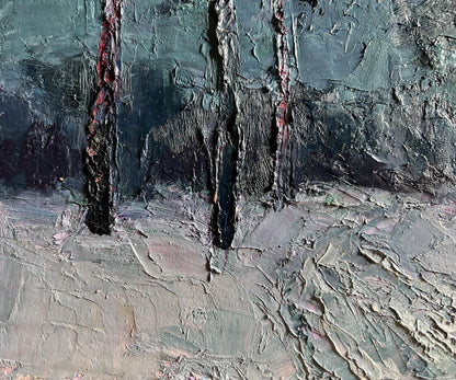 Oil painting Winter trail in the forest by Boris Serdyuk, textured teal black red impasto