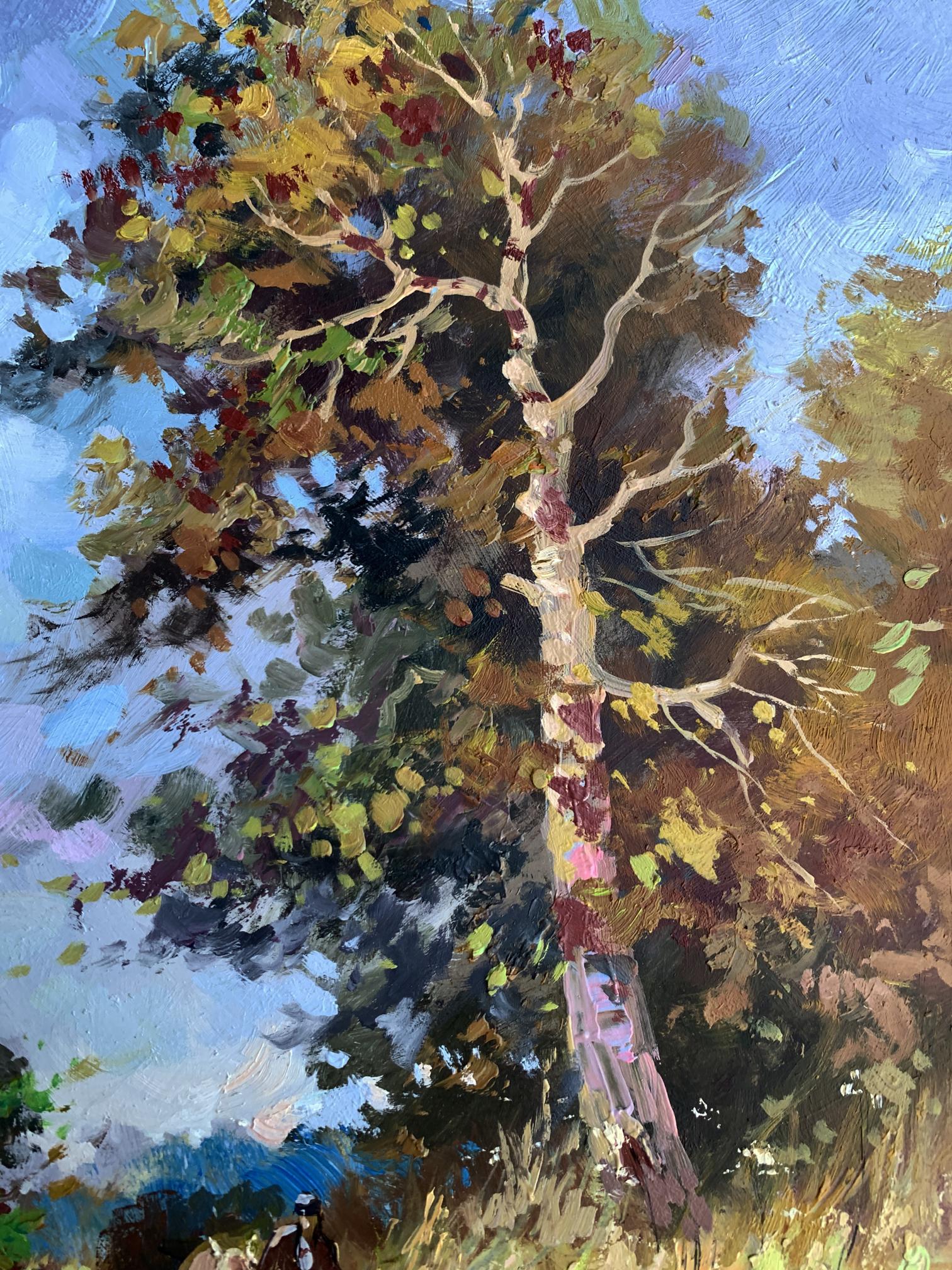 Oil painting Returning Home by Yuriy Suprunchuk: tall birch tree amid autumn leaves