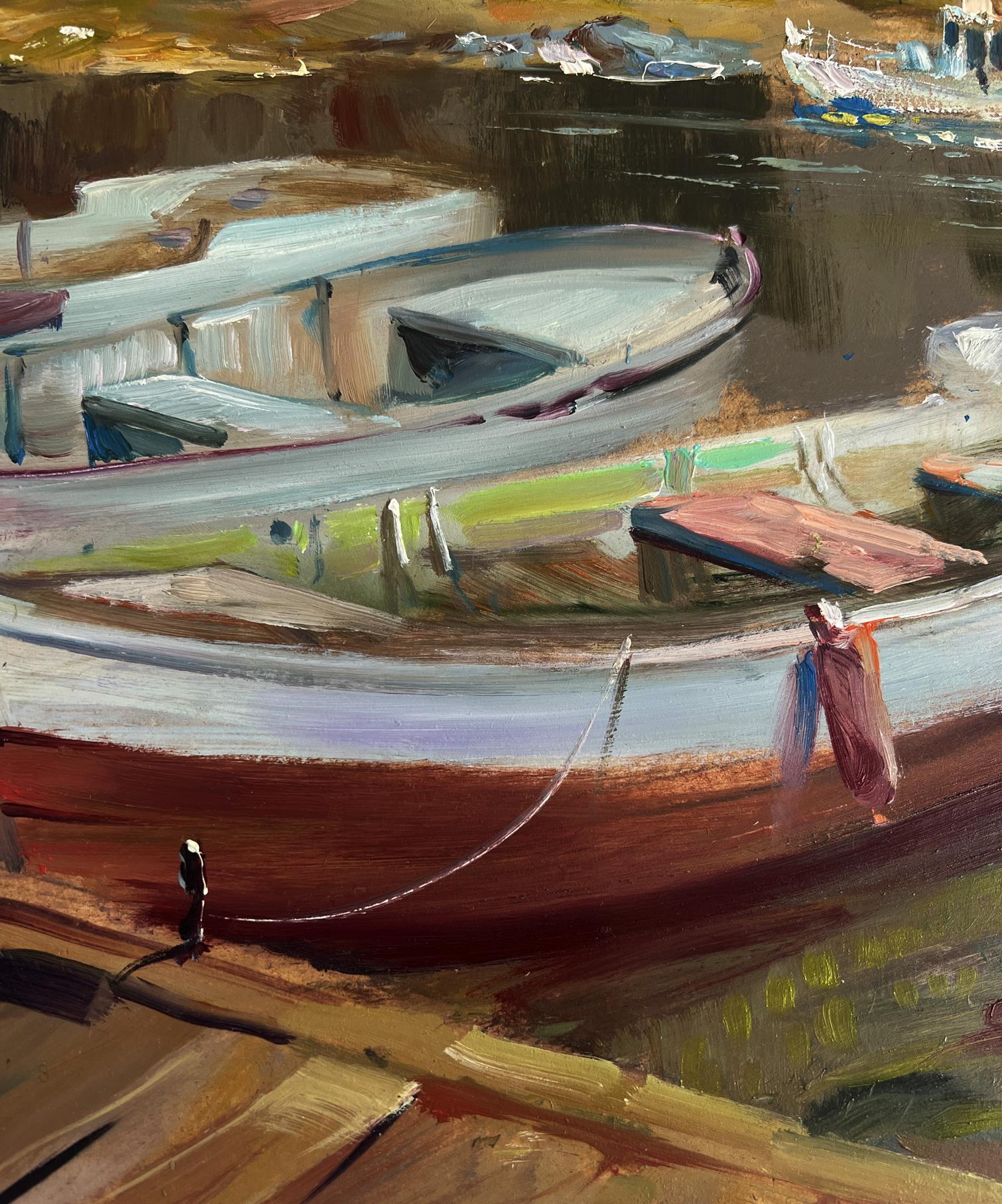 Oil painting of weathered white green rowboat with red hull by Yuriy Suprunchuk