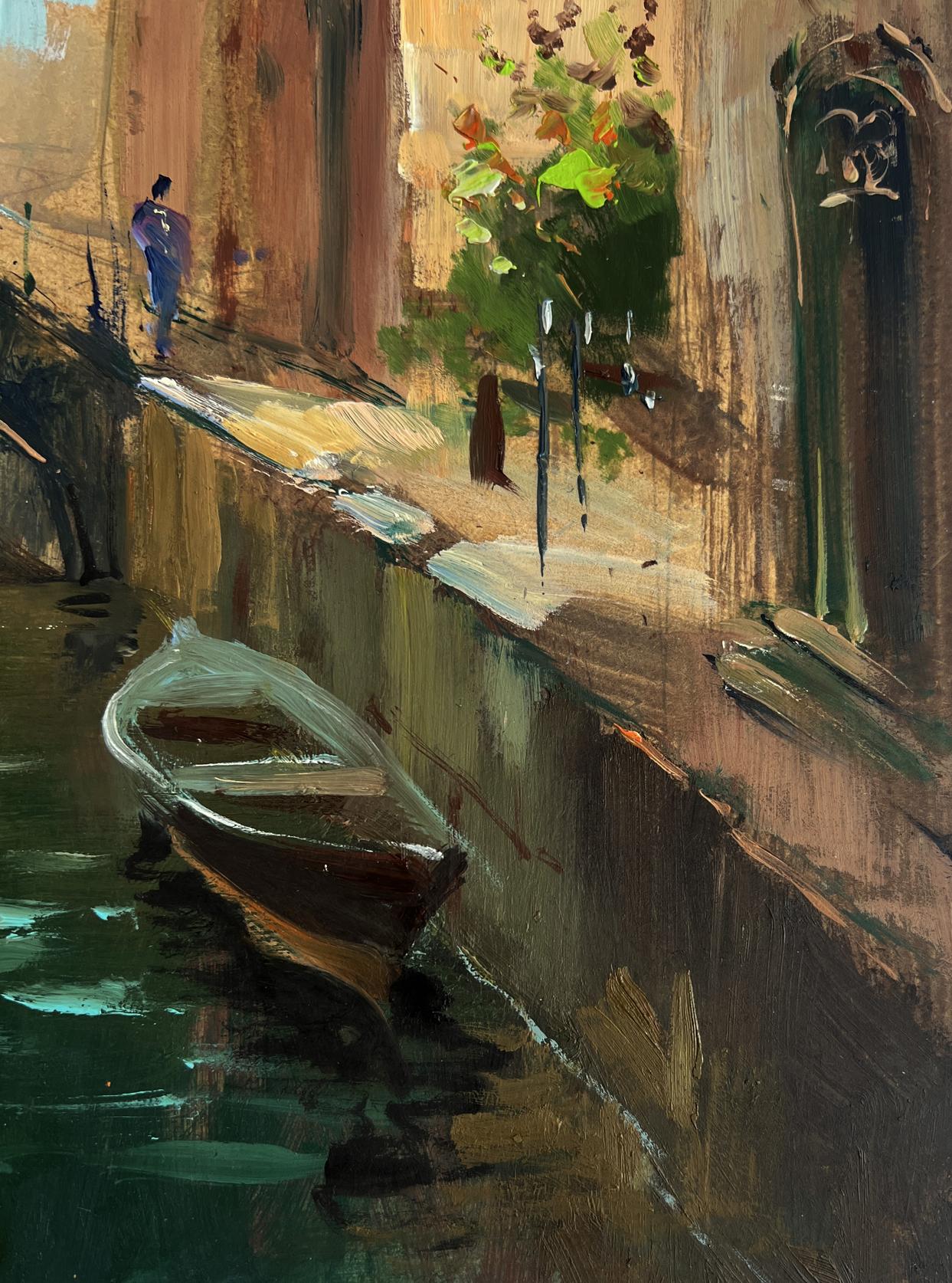 Oil painting of translucent white boat in Venice canal by Yuriy Suprunchuk