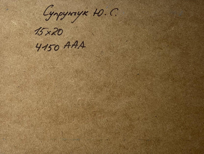 Back of Yuriy Suprunchuk oil painting Rocky seashore: brown cardboard with Cyrillic text and measurements