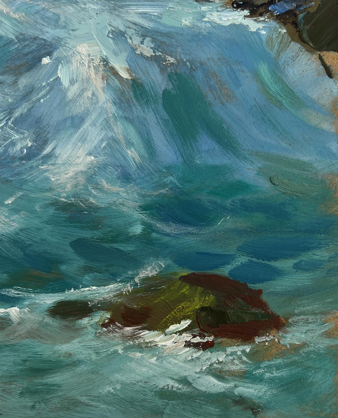 Impressionistic oil painting of turbulent ocean waves crashing on rocks by Yuriy Suprunchuk