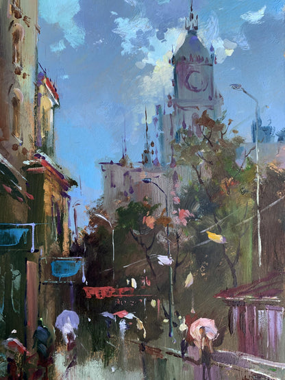 Vibrant impressionist oil painting of city bustle by Yuriy Suprunchuk