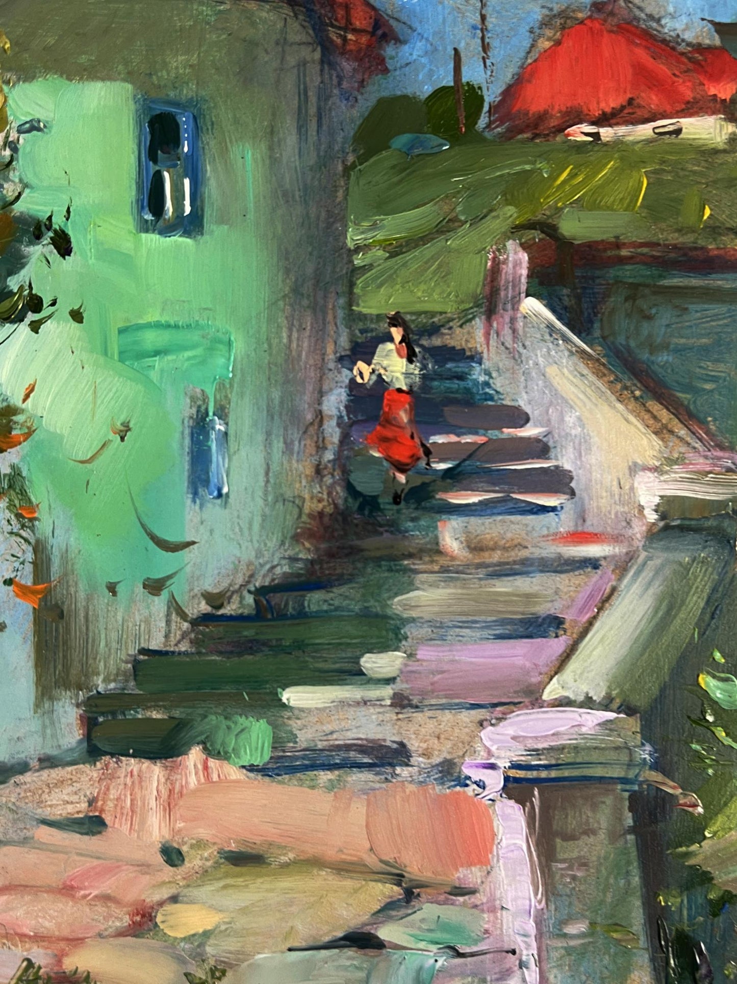 Vibrant impressionist oil painting by Yuriy Suprunchuk: woman in red skirt on city street stairs