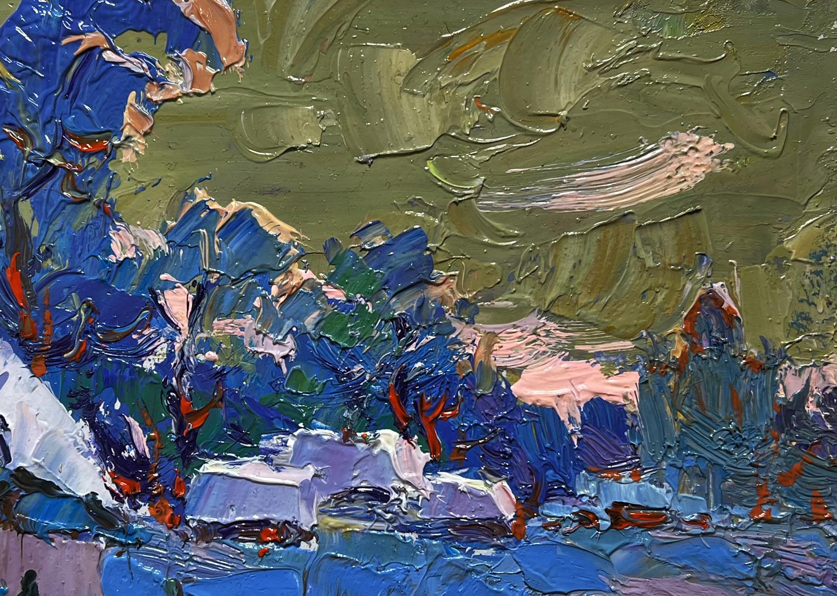 Oil painting Snowy village by Oksana Ivanyuk with impasto blue green pink strokes