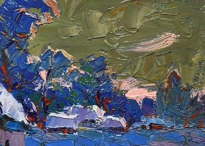 Oil painting Snowy village by Oksana Ivanyuk with impasto blue green pink strokes