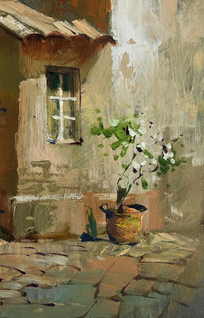 Oil painting of potted plant with white blossoms in terracotta pot by Yuriy Suprunchuk