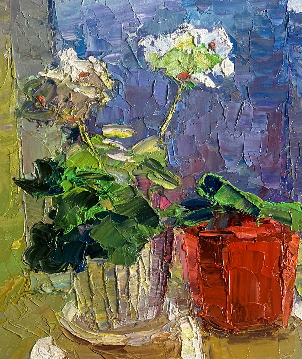 Oil painting Flowers on the windowsill by Boris Serdyuk with lush plants