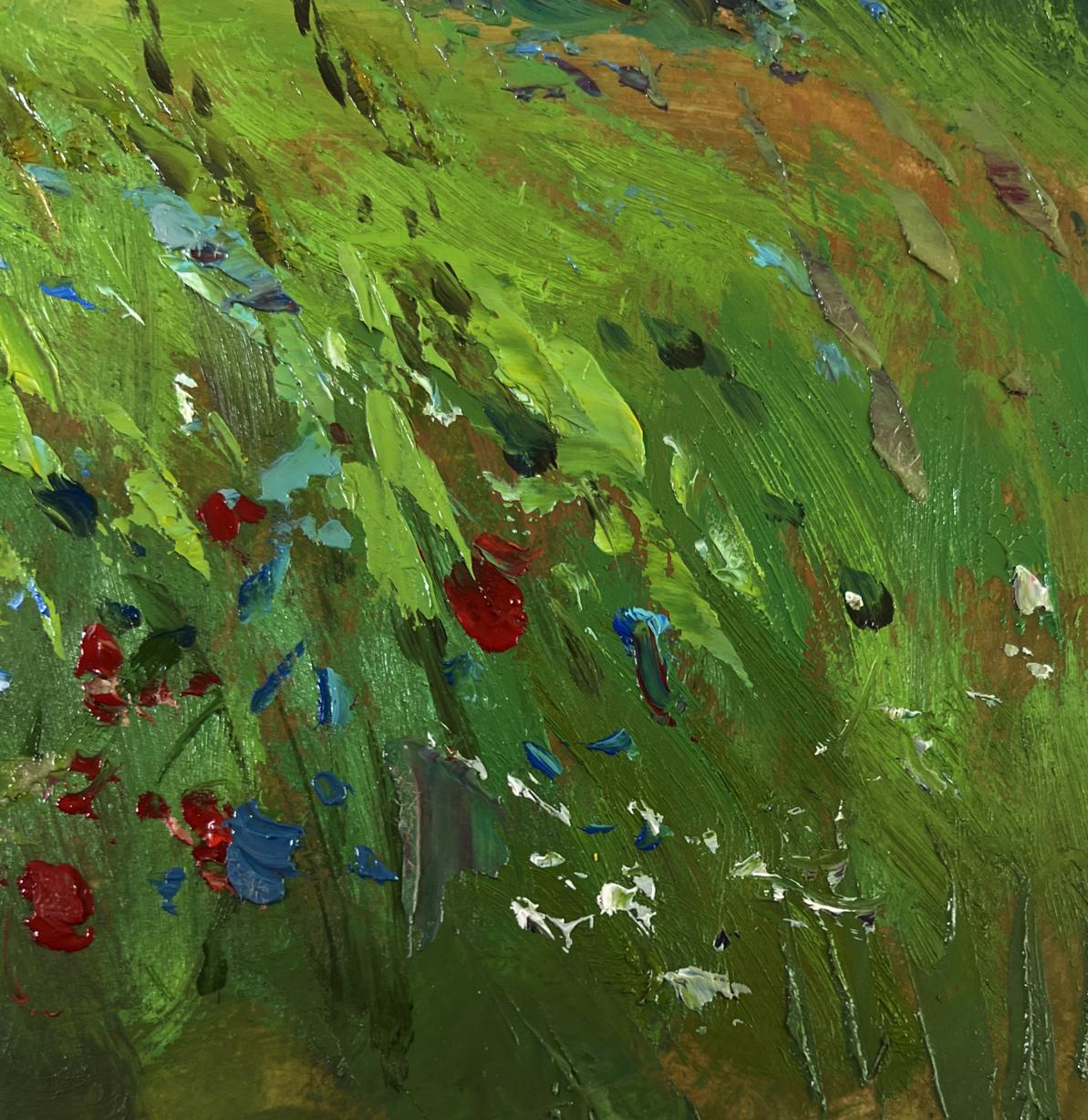 Vibrant impressionist oil painting of cows in flower field by Yuriy Suprunchuk