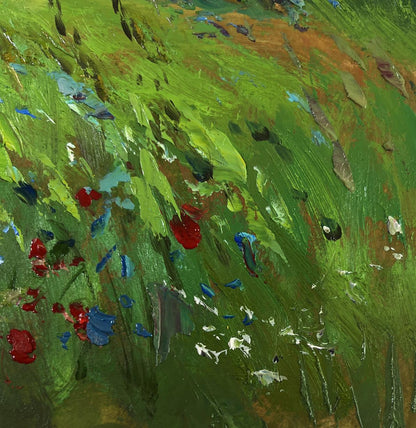 Vibrant impressionist oil painting of cows in flower field by Yuriy Suprunchuk