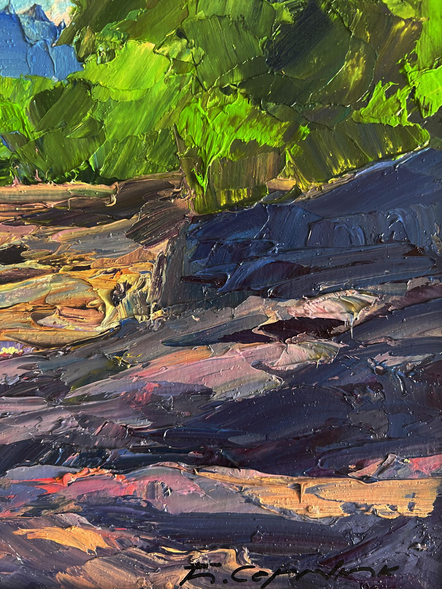 Oil painting of vibrant green foliage near mountain stream by Boris Serdyuk