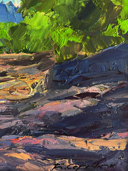Oil painting of vibrant green foliage near mountain stream by Boris Serdyuk