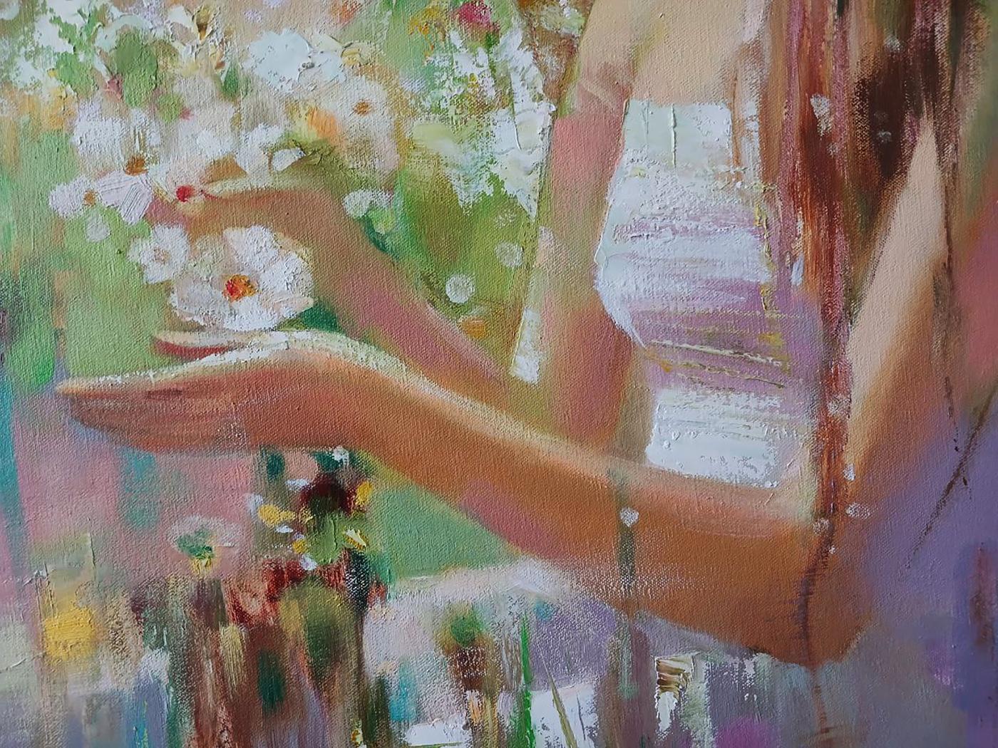 Abstract Spring Mirage oil painting by Anatoly Tarabanov: woman in white with flowers