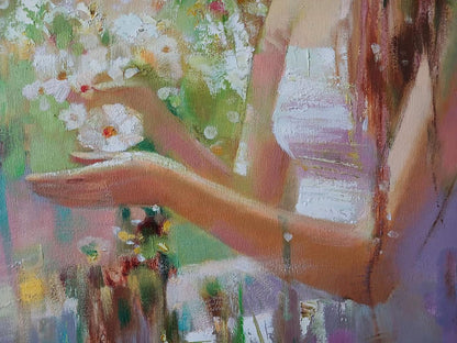 Abstract Spring Mirage oil painting by Anatoly Tarabanov: woman in white with flowers