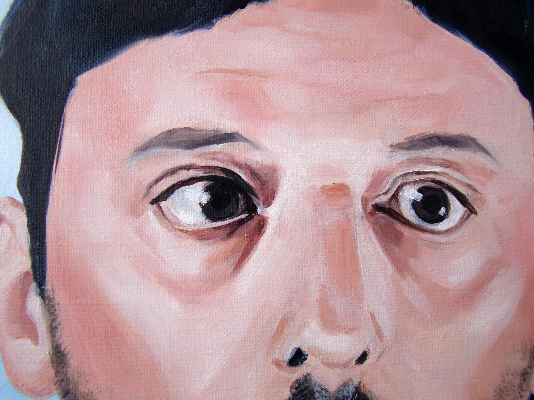 Close-up oil painting of mans expressive face in Come on its not me by Yulia Lihina