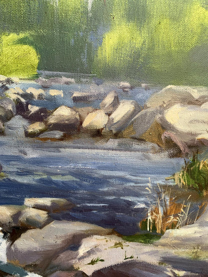 Oil painting Threshold to a dream by Tatyana Derdey: serene river over gray stones