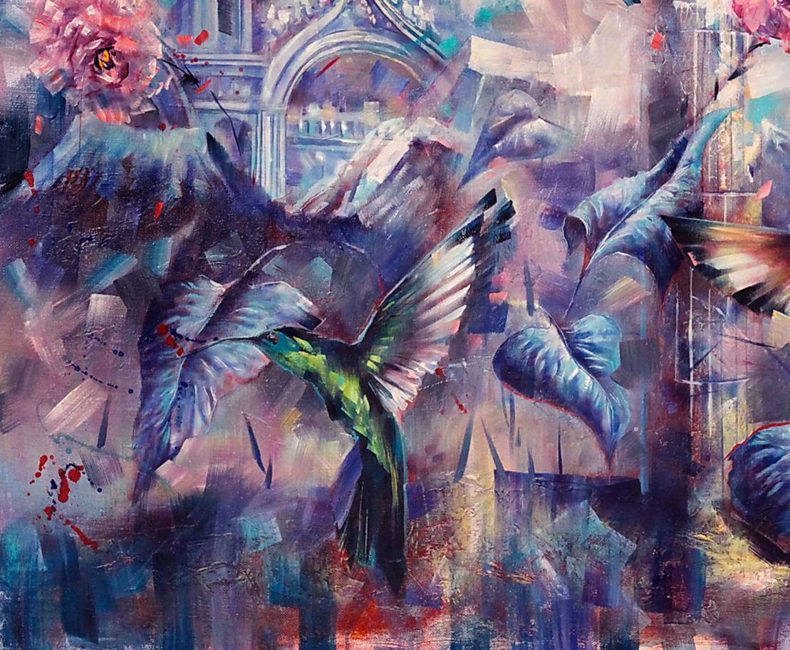 Vibrant green hummingbird oil painting by Alexander Dobrodiy