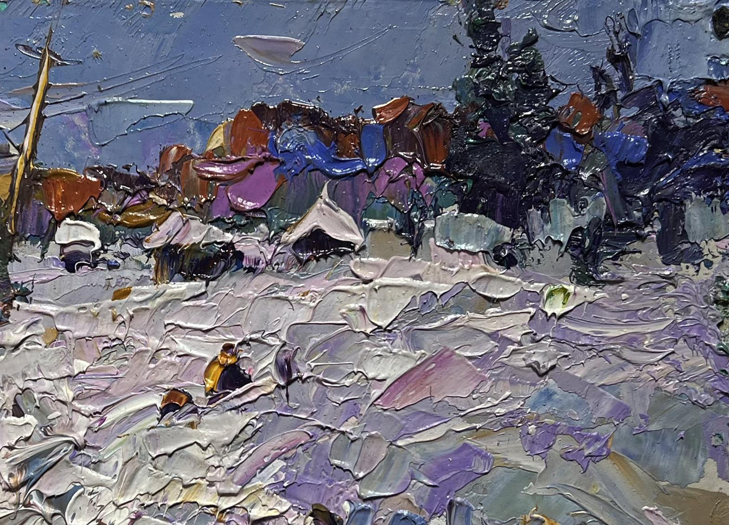 Oil painting Winter Road Home by Oleksiy Ivanyuk, purple impasto landscape