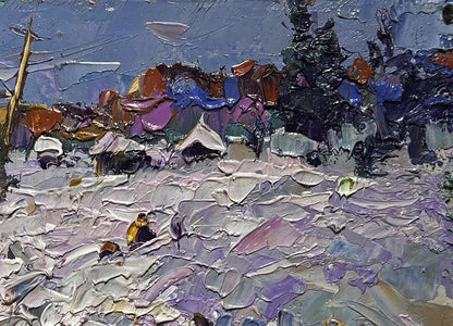 Oil painting Winter Road Home by Oleksiy Ivanyuk, purple impasto landscape