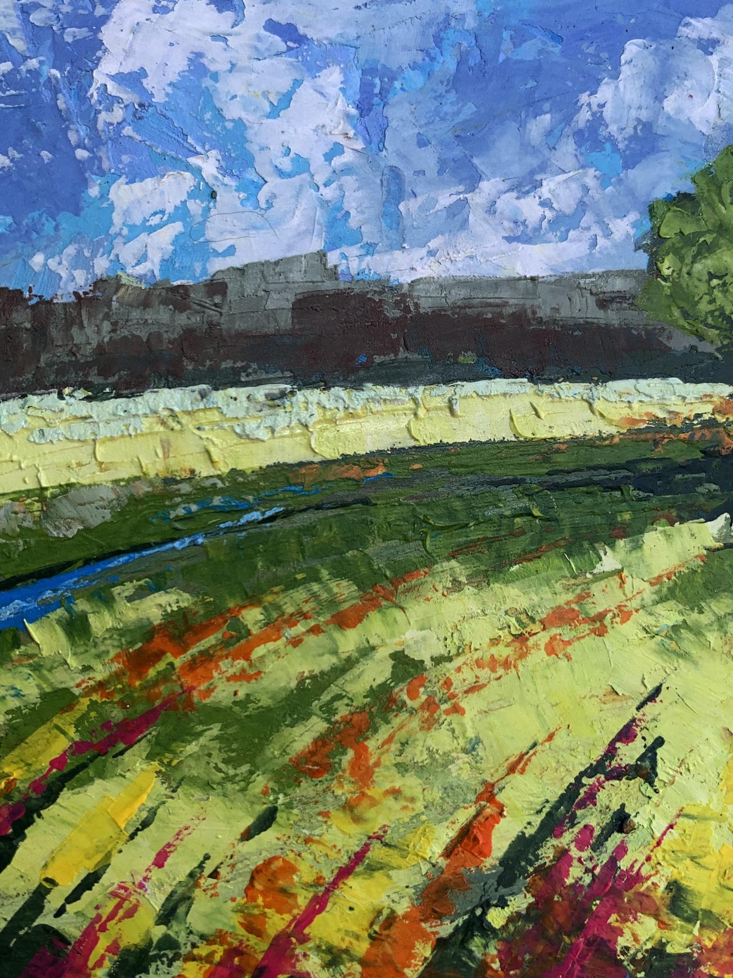Vibrant impressionist oil painting by V. Zadorozhnya: green fields under blue sky