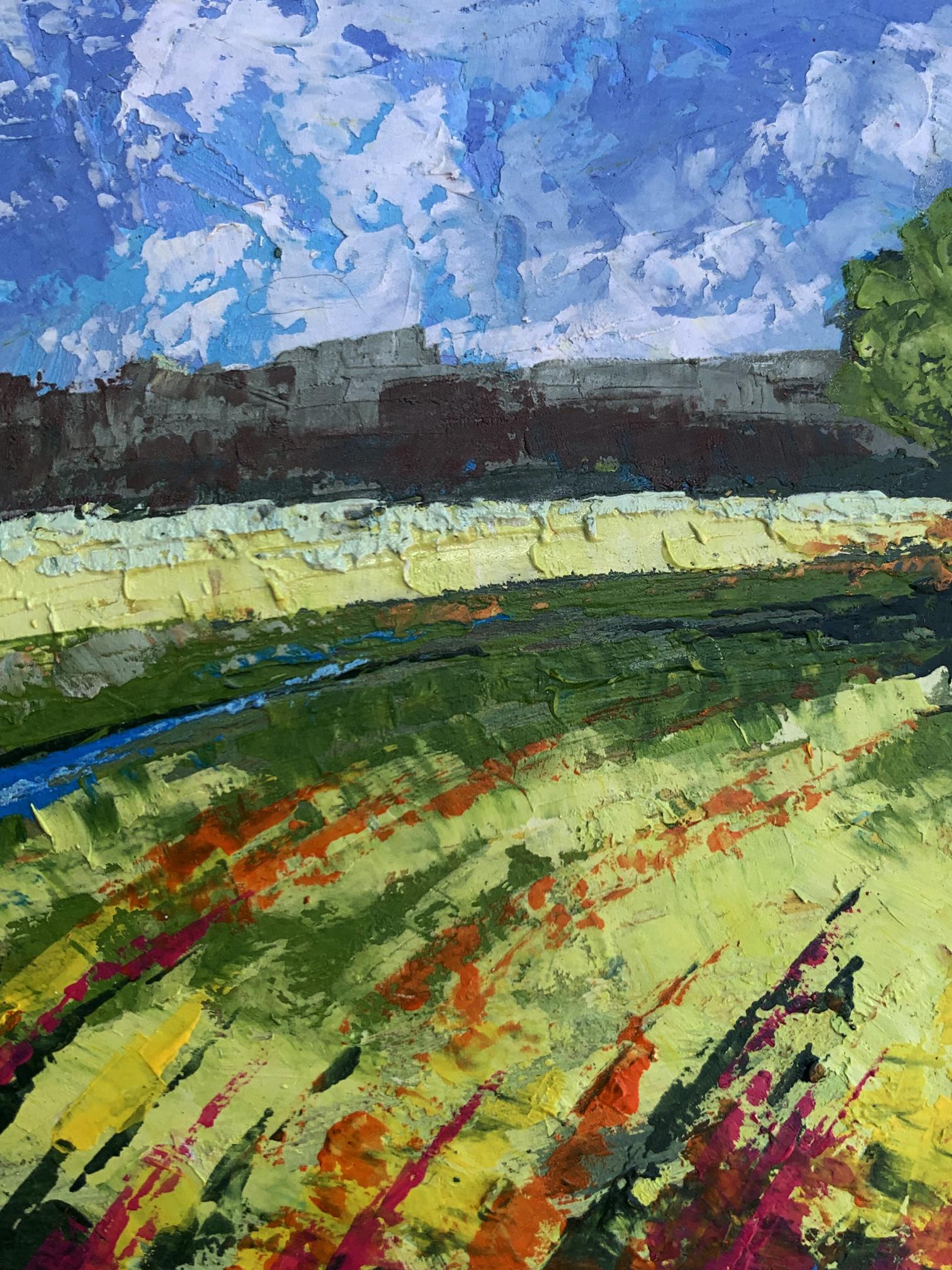 Vibrant impressionist oil painting by V. Zadorozhnya: green fields under blue sky