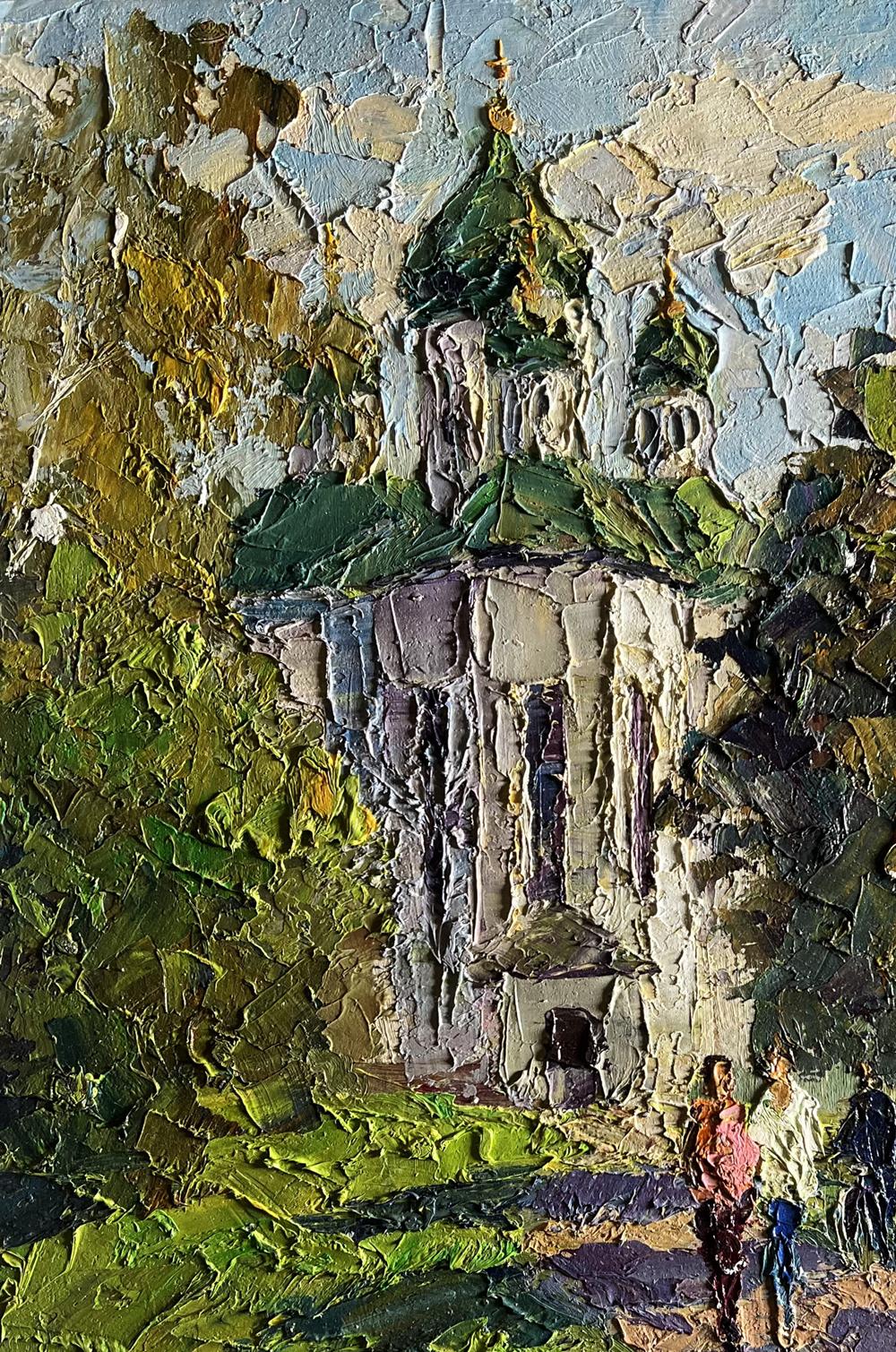 Oil painting Morning near the temple Boris Serdyuk textured stone church green domes