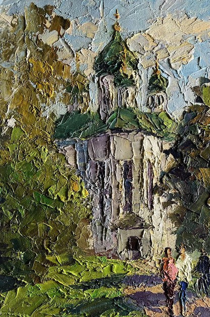 Oil painting Morning near the temple Boris Serdyuk textured stone church green domes